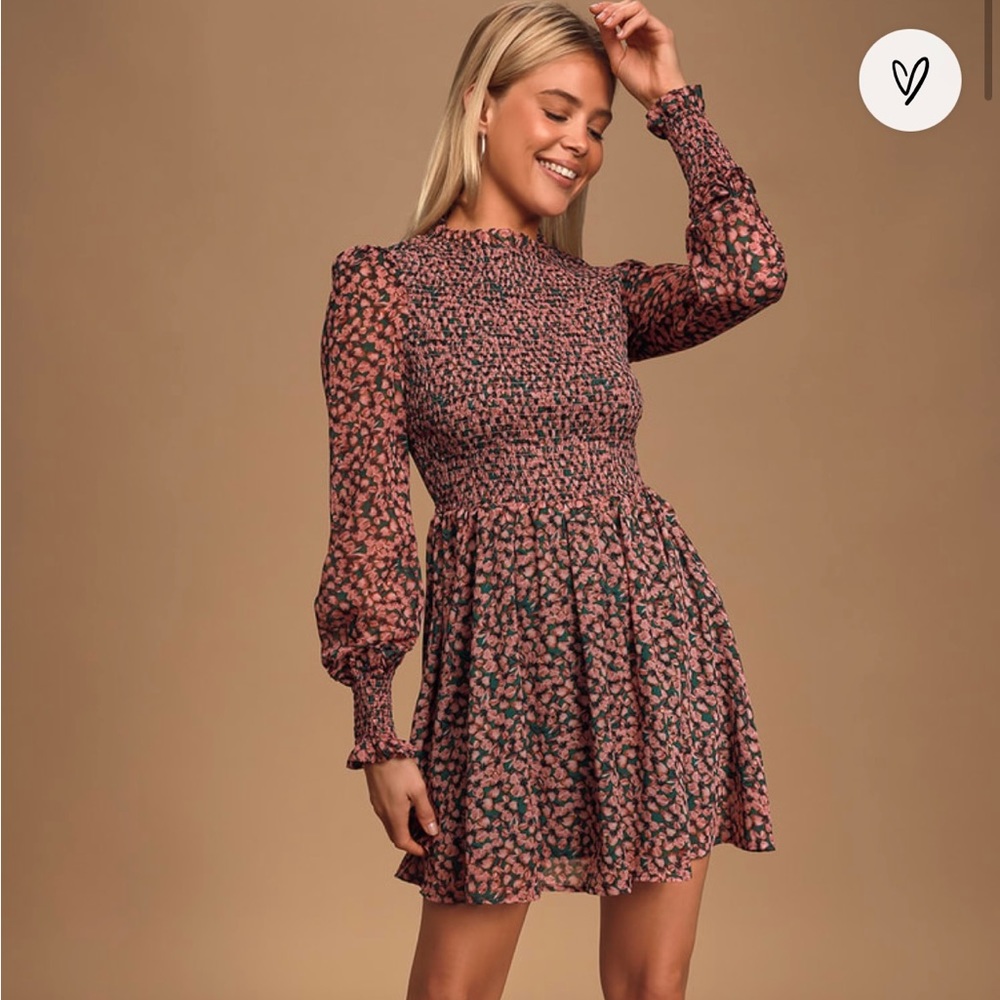 Lulus floral forever green and pink smocked dress NWOT